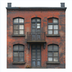 Fototapeta premium Historic Two-Story Brick Building with Ivy-Covered Metal Balconies and Wooden Windows – Rustic Architectural Charm and Vintage Appeal