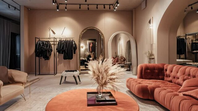 A luxurious boutique interior with stylish furniture and clothing