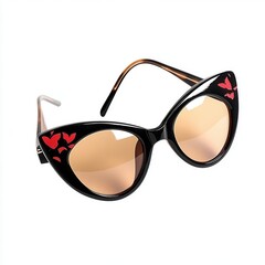 Black cat-eye sunglasses, red butterflies, white background, fashion accessory