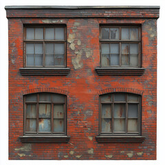 Obraz premium Historic Two-Story Brick Building with Ivy-Covered Metal Balconies and Wooden Windows – Rustic Architectural Charm and Vintage Appeal