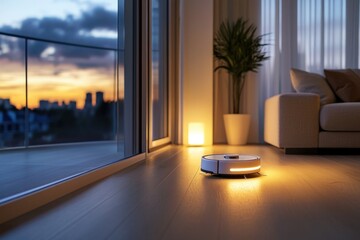 Innovative robot cleaner glides through modern living room, enha