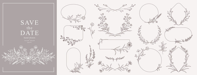 Elegant minimal style floral frame set. Hand drawn botanical borders and wreaths with branches, leaves and flowers in line art. Vector for wedding invitation, save the date card, logo design, monogram