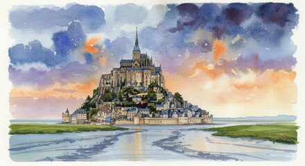 Enchanting mont saint-michel watercolor: captivating sunset over iconic french island abbey