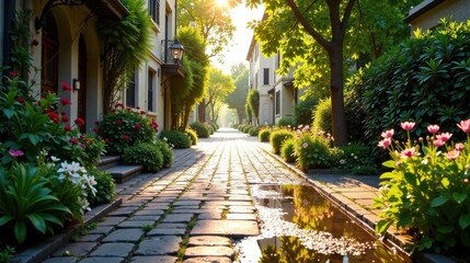 Sunlit cobblestone path, lined with blossoming flowers and lush greenery, leading to a tranquil residential area, bathed in the warm glow of morning sunlight.