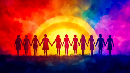 Fototapeta premium Women holding hands under rainbow symbolizing unity and hope