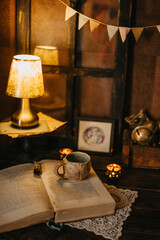 Cozy Vintage Still Life with Ceramic Cup and Warm Light