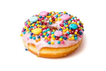 A colorful donut with a variety of colorful sprinkles on top