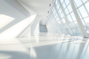 Obraz premium Blank white wall mockup in sunny modern empty gallery, 3d rendering. Clear big stand mock up in museum with contemporary art exhibitions. Large hall interior with wide banner exposition template.