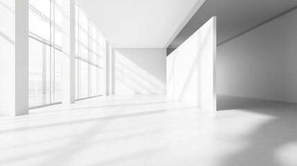 Obraz premium Blank white wall mockup in sunny modern empty gallery, 3d rendering. Clear big stand mock up in museum with contemporary art exhibitions. Large hall interior with wide banner exposition template.