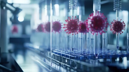 In this laboratory scene, coronaviruses are displayed for medical research, underlining the scientific efforts made to study pathogens and combat health crises effectively.