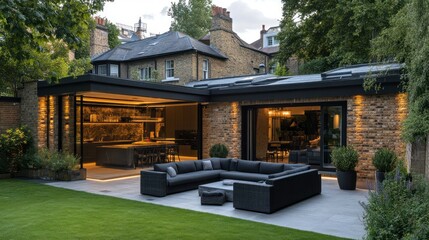 Obraz premium Modern extension, evening garden, London, backyard relaxation, architectural design