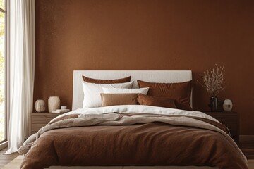 Modern bedroom in mocha mousse, trend color wall and bed.