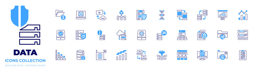 Data icon collection. Bold line style. Duotone colors. algorithm, data processing, data storage, data analysis, data visualization, data transfer, data