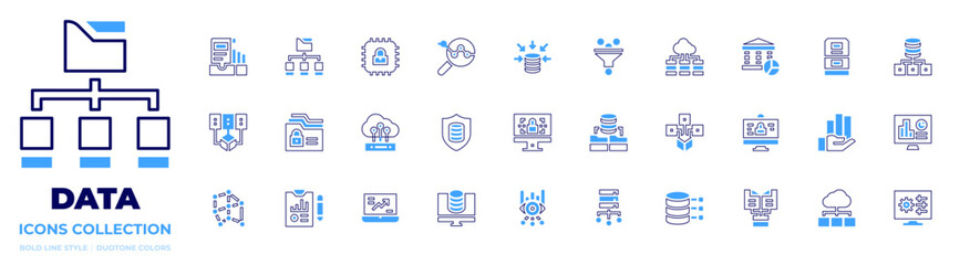 Data icon collection. Bold line style. Duotone colors. analytics, server, funnel, data visualization, data server, data science, data storage, data network, data