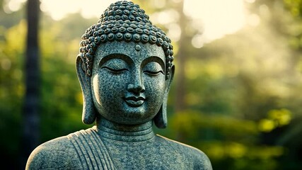 A serene Buddha statue in a tranquil garden setting symbolizes peace and spirituality, related to Vesak and meditation