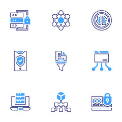 Data icon set. Bold line style. Duotone colors. Editable stroke. network, complexity, hierarchical, data analysis, aggregation, data transfer, data