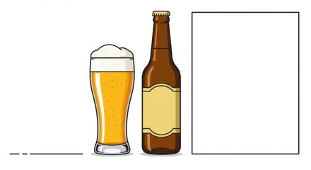Illustration of beer bottle and glass with blank label for branding or advertising