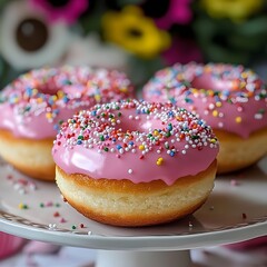 Colorful pink frosted donuts with sprinkles on a decorative plate, surrounded by vibrant flowers