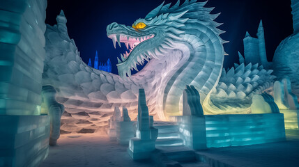 Fototapeta premium Harbin Ice and Snow Festival, a close-up of an enormous dragon sculpture made of ice