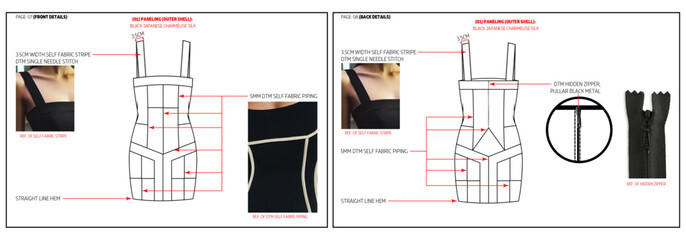 Women Contour Paneled Dress Fashion Design Technical Tech Pack. 