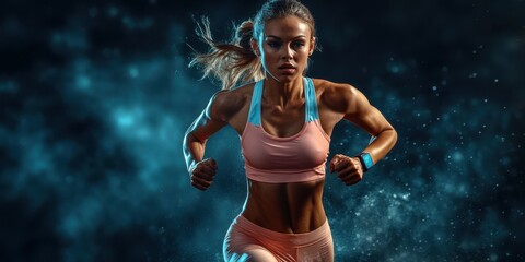 Woman running with determination in a dynamic, colorful workout environment during a fitness session at night