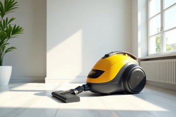A bright yellow canister vacuum cleaner sits on a pristine white floor, bathed in sunlight streaming through a nearby window, ready for effortless home cleaning.