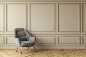 Taupe wall in beige room, gray luxury chair, modern design, 3D.