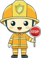 Naklejka premium A cute 2D cartoon style firefighter wearing an orange firefighter uniform