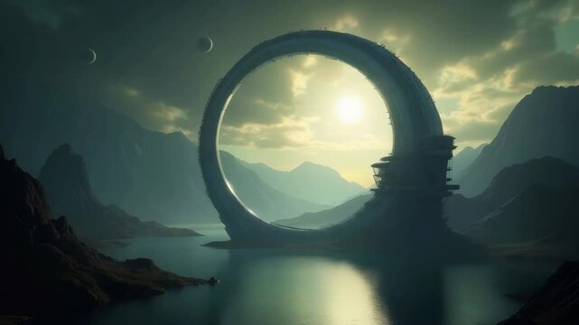 A giant stargate portal - science fiction futuristic structure as an advanced technology circle above water and mountains, with moon or planets in background. Surreal, atmospheric, dreamlike landscape
