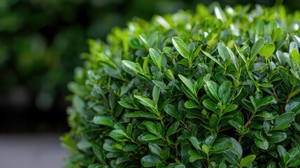 Fototapeta premium Lush green boxwood shrub, garden detail, blurred background, landscaping