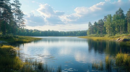Fototapeta premium Serene Forest Lake Landscape. Tranquil Nature Scene.