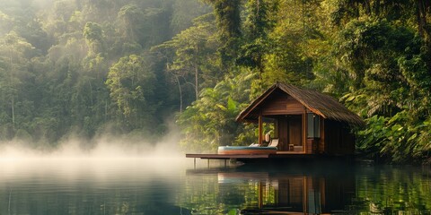 Obraz premium Tranquil lakeside cabin surrounded by lush rainforest