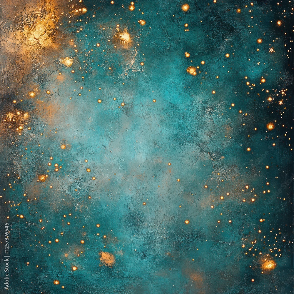 Poster abstract cosmic background with vibrant turquoise and gold sparkles in digital art style