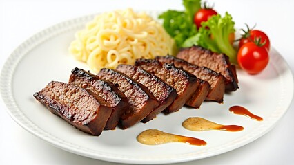 Delicious Grilled Liver Slices with Noodles and Salad