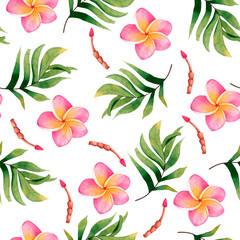 Seamless pattern with tropical leaves and plumeria flowers. Hand drawn tropical frangipani on white background.