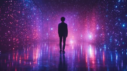 Silhouette of young male in starry multicolored light tunnel