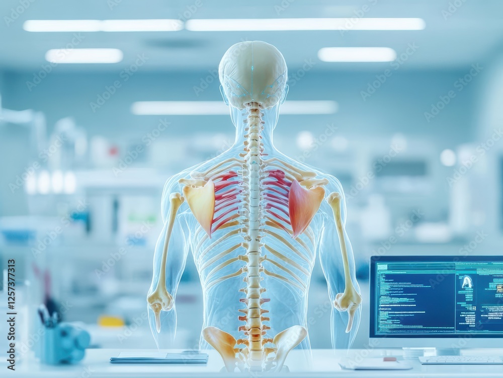 Aufkleber Skeleton sitting at a desk working on a computer in an office environment