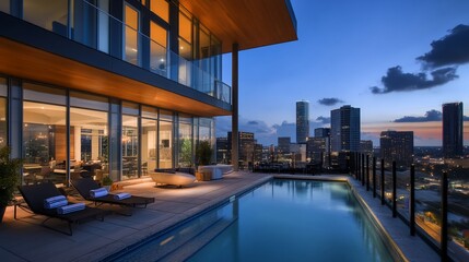 Fototapeta premium Rooftop Pool, Cityscape View, Twilight Luxury Condo