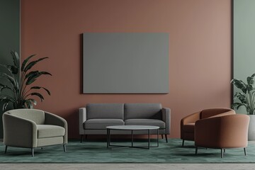 Luxury business lounge, terracotta brown with mockup wall, 3D.