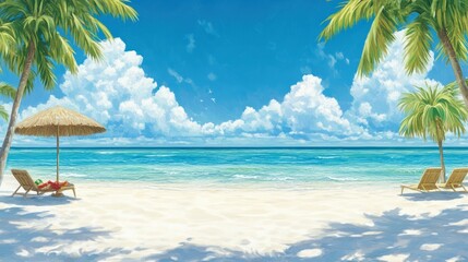 Obraz premium Serene Tropical Beach with Palm Trees and Blue Sky Overlooking Tranquil Ocean Waters