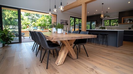 Fototapeta premium Modern dining room, open-plan kitchen, backyard view, natural light
