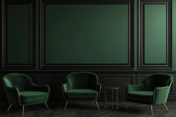 Jade olive lounge, black accents, luxury interior mockup, 3D visualization.
