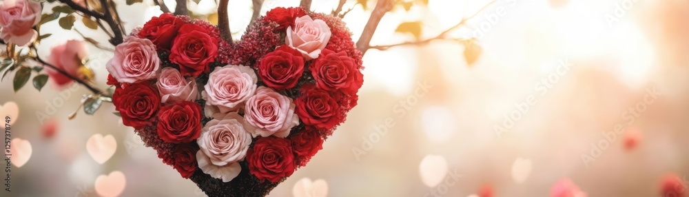 Poster heart shaped arrangement of roses hanging from a tree branch in a natural setting