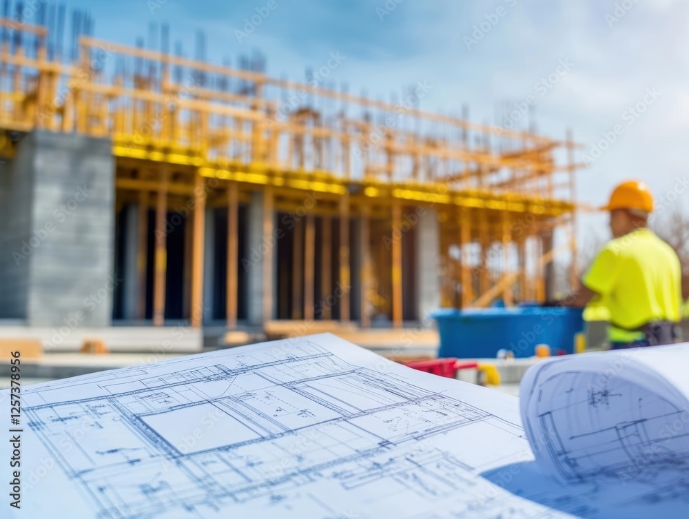 Aufkleber construction site with blueprint and construction worker reviewing plans for building project