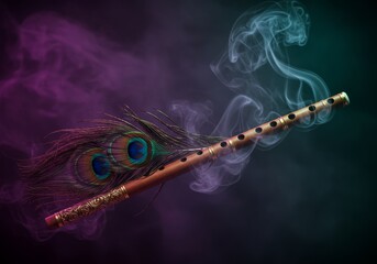 Mystical Flute with Peacock Feather in Smoky Ambiance