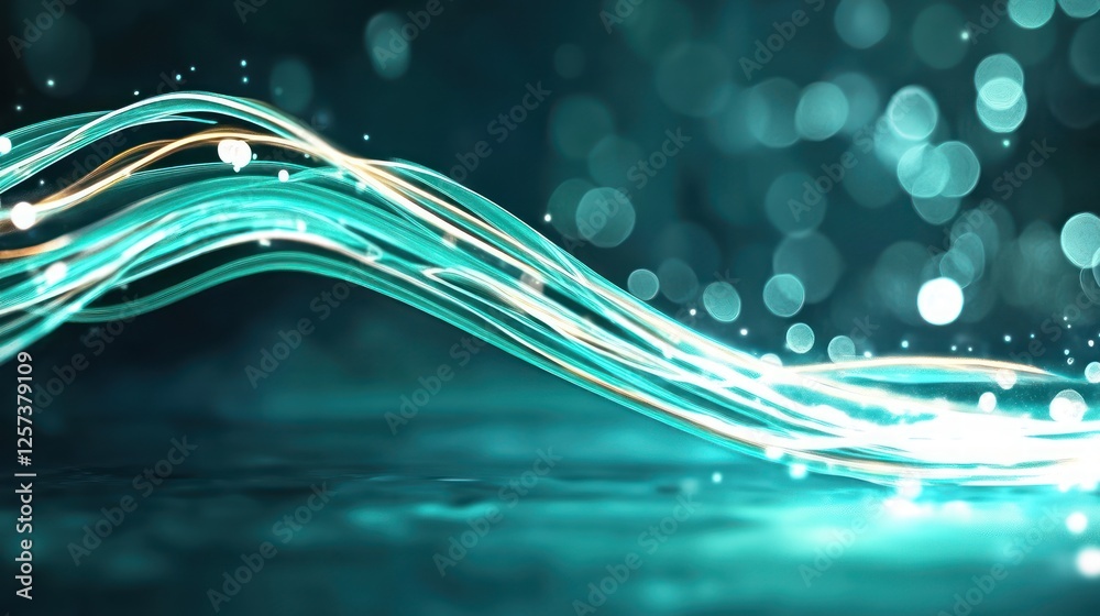 Poster Abstract Light Waves with Sparkles and Bokeh Effect in Turquoise Background