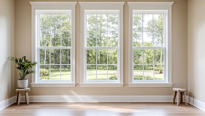 Fototapeta premium Sunlight Streams Through Large Triple Windows in a Room with Hardwood Floors and Plants, Illuminating the Space Brightly.