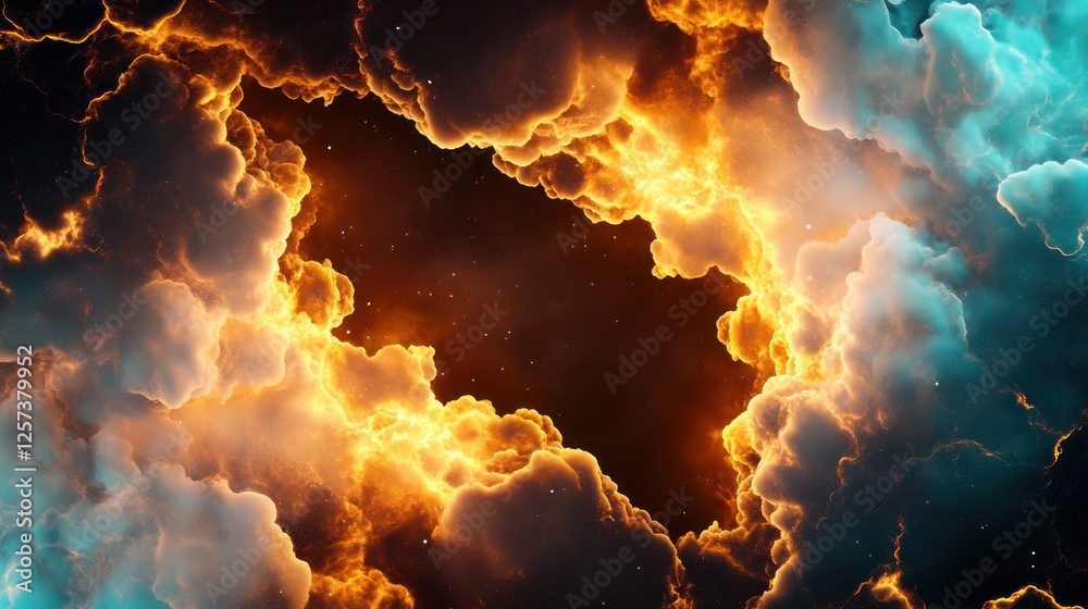 Poster dramatic cosmic explosion surrounded by fiery clouds illuminating the dark space background