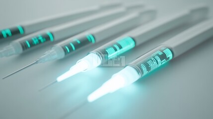 Glowing syringes on white lab table, medical research
