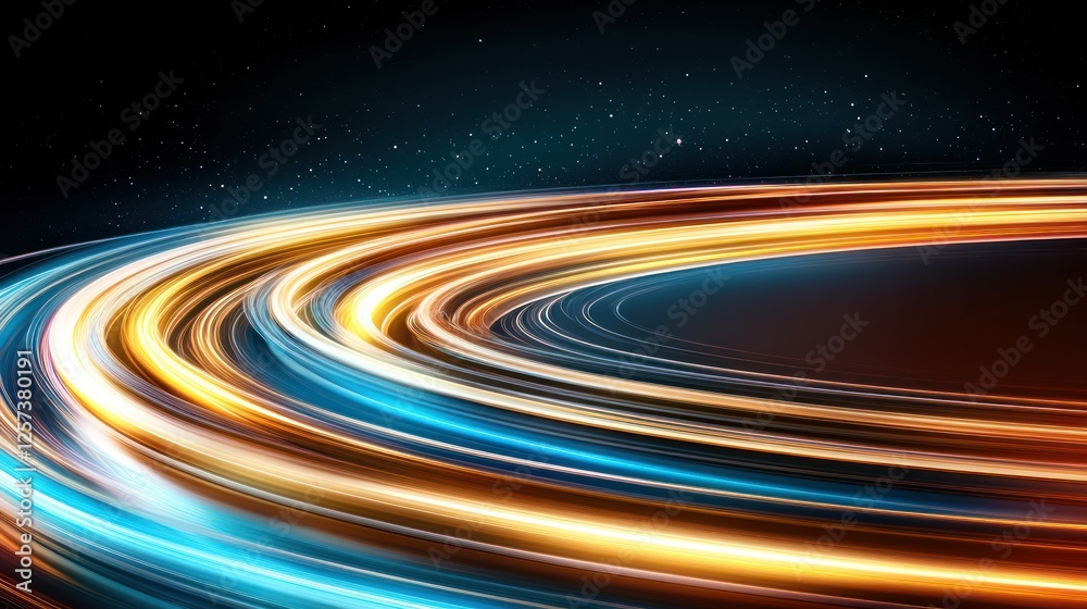 Poster Abstract Colorful Light Trails Spinning in Motion Against a Dark Background with Stars